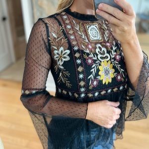 Altar’d State Black Sheer Floral Blouse with Black Attached Camisole